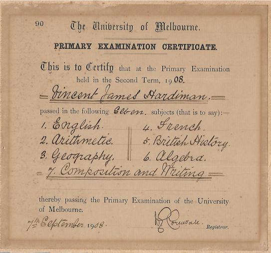 Vincent Hardiman Certificate Melbopurne University Sep 1908